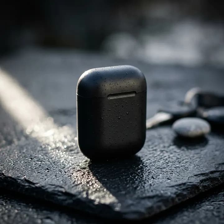 A black earbud case on wet slate