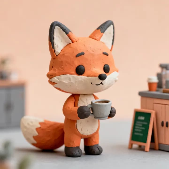 A clay fox holding a coffee cup