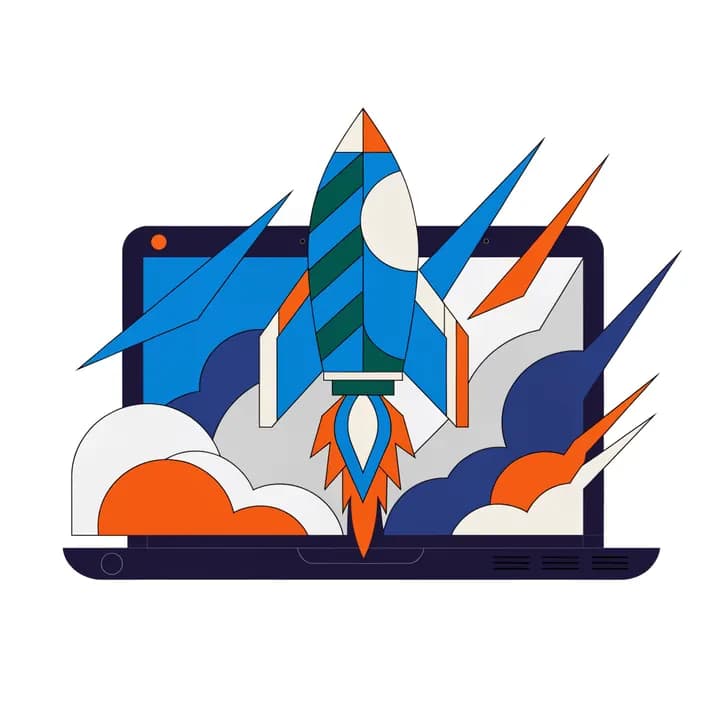 A rocket launching from a laptop