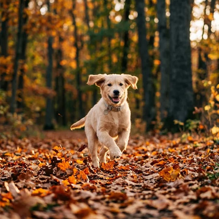 A puppy running through autumn leaves