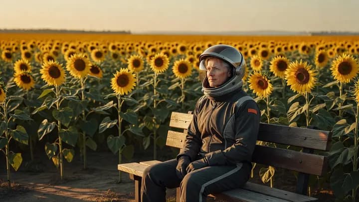 An astronaut in a sunflower field